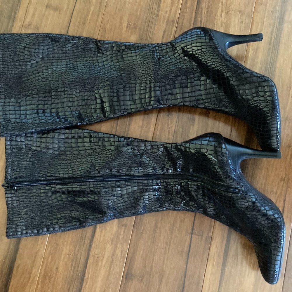 Black faux snakeskin calf high boots